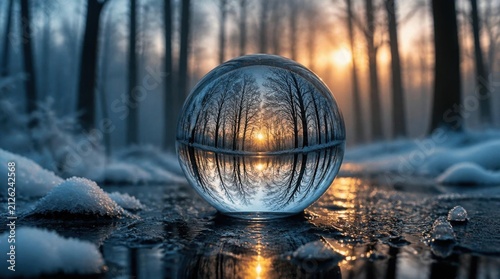 Clear Glass Sphere Reflecting Snowy Forest at Sunset