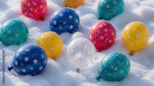 Colorful Starry Balloons Resting in Snowy Landscape