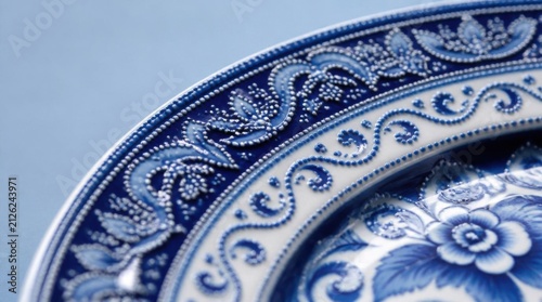 Intricate Blue and White Ceramic Plate Close Up