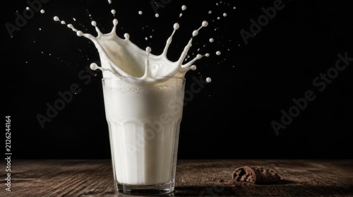Creamy Milk Splashing in Glass with Cookies on Rustic Wood