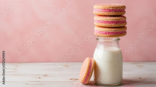 Stacked Pink Cream Sandwich Cookies on Milk Bottle with One Cookie Leaning