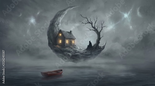 Surreal digital art of crescent moon floating over dark ocean with small house and hooded silhouette.