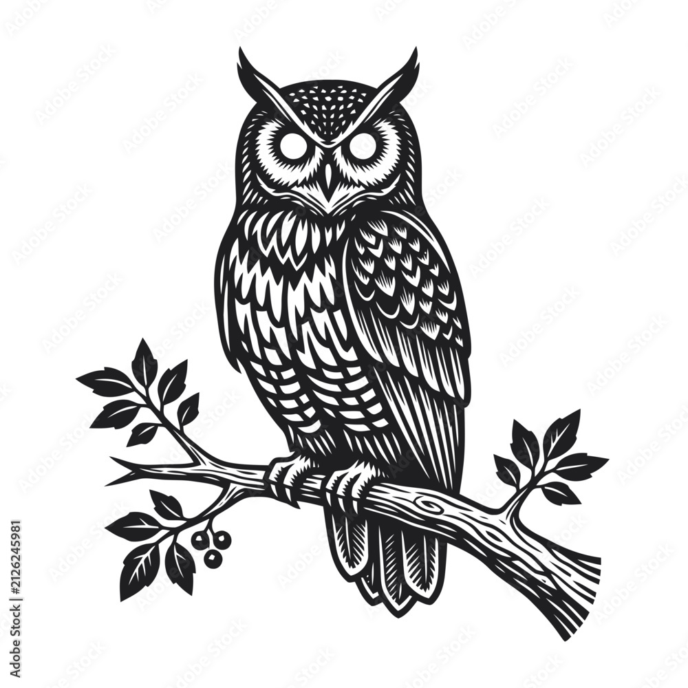 Obraz premium Wise owl perched on a tree branch. Detailed black and white vector illustration of a bird.