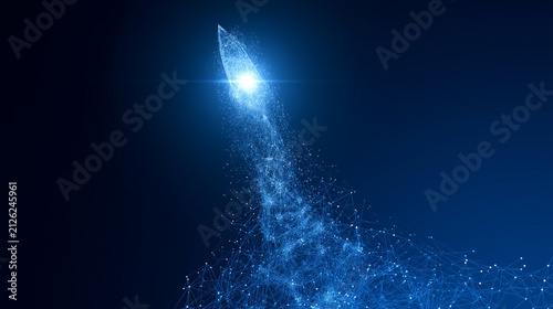 Digital Rocket Launch: A conceptual digital artwork depicts a rocket composed of glowing particles, launching into the dark expanse with a brilliant trail of light and energy.