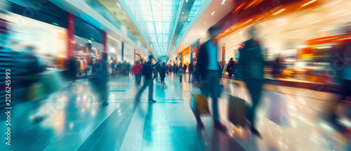 Shopping center interior with blurred background showing diverse shoppers walking through a modern retail space with bright lighting and colorful storefronts