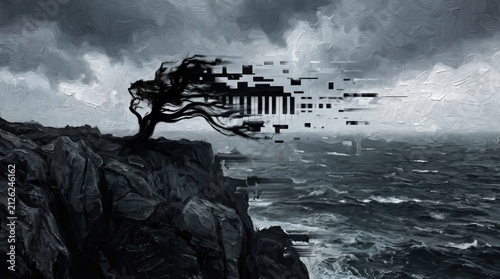 Oil painting style tree on cliff edge losing branches into digital pixelated piano keys over ocean.