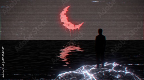 Silhouette of man standing on glowing electric rock looking at glitch effect crescent moon in sky.