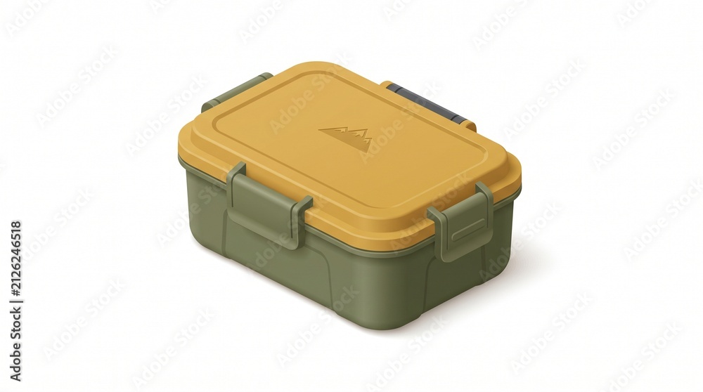 Obraz premium Olive Green and Mustard Yellow Compact Outdoor Storage Box for Camping Meals Isolated on White Background