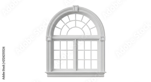Elegant arched window with decorative trim isolated on transparent background