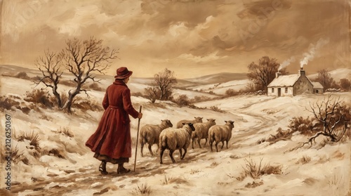 Woman shepherd in red coat herding sheep through snowy winter landscape near rural country cottage.