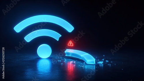 Broken WiFi Signal Icon with Warning Alert in Blue Neon