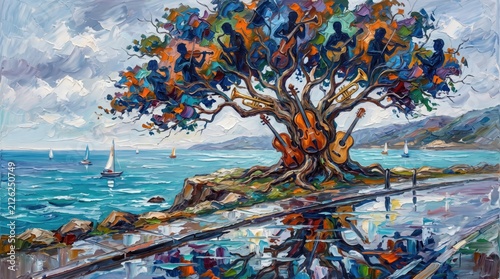 Artistic depiction of music tree with multiple musicians and hanging instruments near ocean shore.