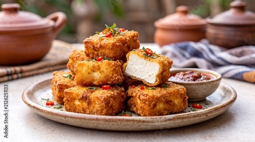 Crispy Fried Ghanaian Wagashi Cow Milk Cheese Stack with Chili Dipping Sauce on Ceramic Plate