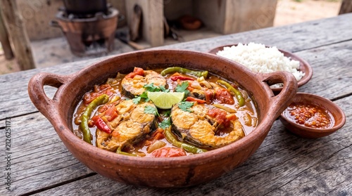 Authentic Mozambican Estufado de Peixe Braised Fish Stew Served with White Rice in Clay Bowls