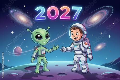 Alien and astronaut meeting on futuristic planet.