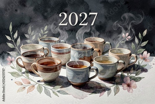 Assorted Ceramic Cups with Hot Beverages 2027.
