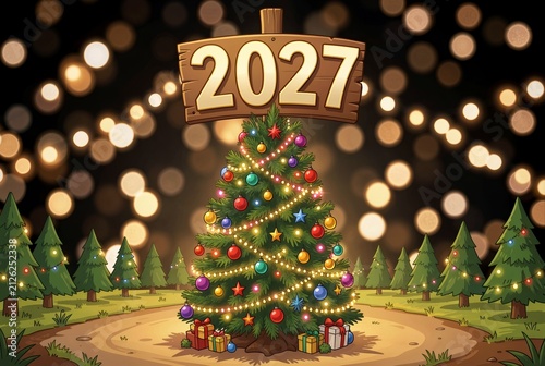 Festive Christmas Tree With 2027 Celebration Lights.