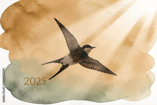 Flying Bird Silhouette Over Watercolor Background.