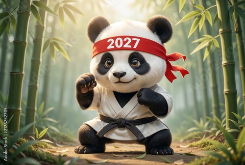 Martial arts panda in bamboo forest.