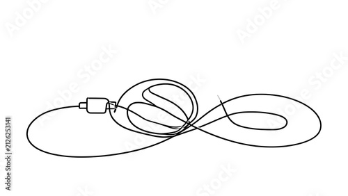 Tangled black cord with plug on white background.