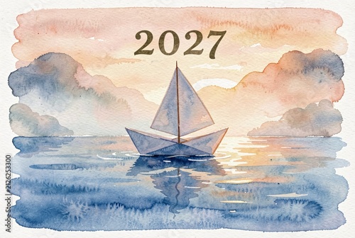 Watercolor Sailboat Sunset Seascape 2027.