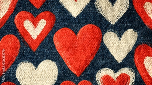 Heart shapes pattern red white blue fabric texture