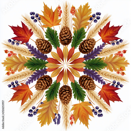 Autumn leaves and pine cones mandala design representing Autumn equinox  