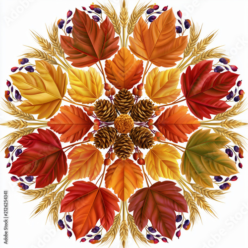 Vibrant autumn leaves arranged in a circular mandala design representing Autumn equinox  