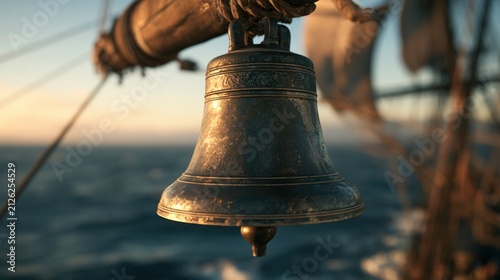 Naval bell on sailing ship deck over ocean horizon