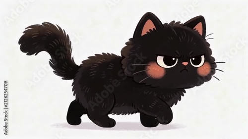 Grumphy black cat walking on white background