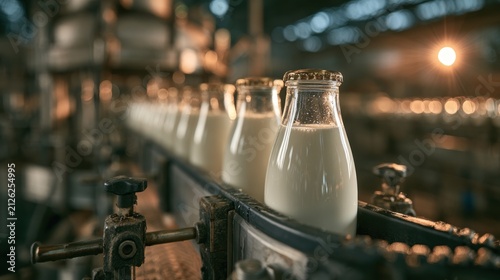 Milk bottles on production line