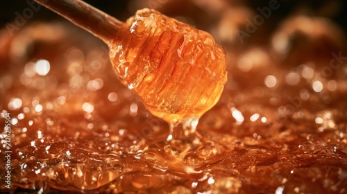 Golden honey dripping from dipper macro shot