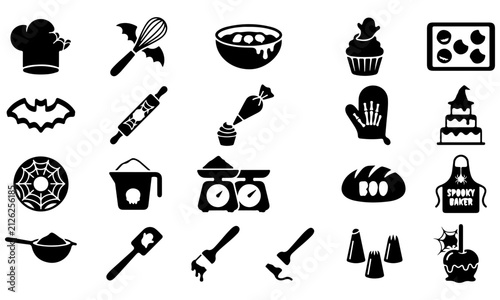 Halloween baking and spooky pastry silhouette icon set, chef hat bat whisk rolling pin cupcake and apron collection, and halloween kitchen graphics. Flat and modern vector design.