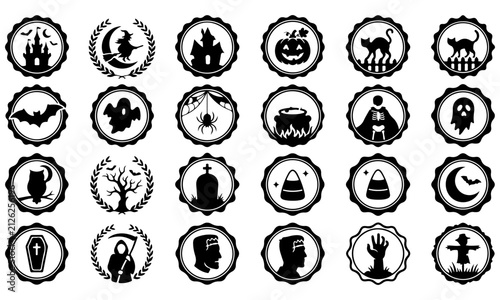 Halloween wax seal stamp vector set, haunted house witch ghost pumpkin and skeleton badge collection, and vintage envelope seal graphics. Flat and modern vector design.