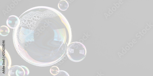 Cluster of iridescent soap bubbles with foam on glossy surfaces against a black background on transparent background