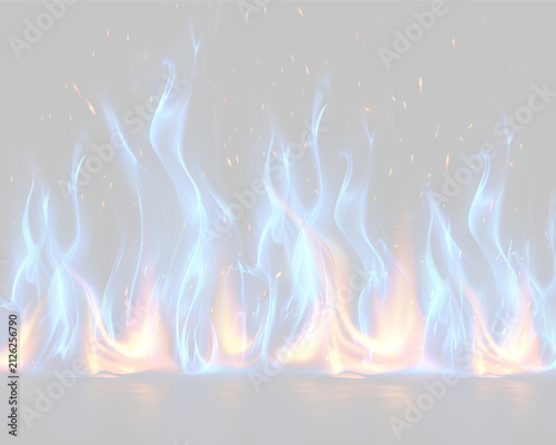 Intense blue and orange flames flickering with glowing sparks on a dark background on transparent background