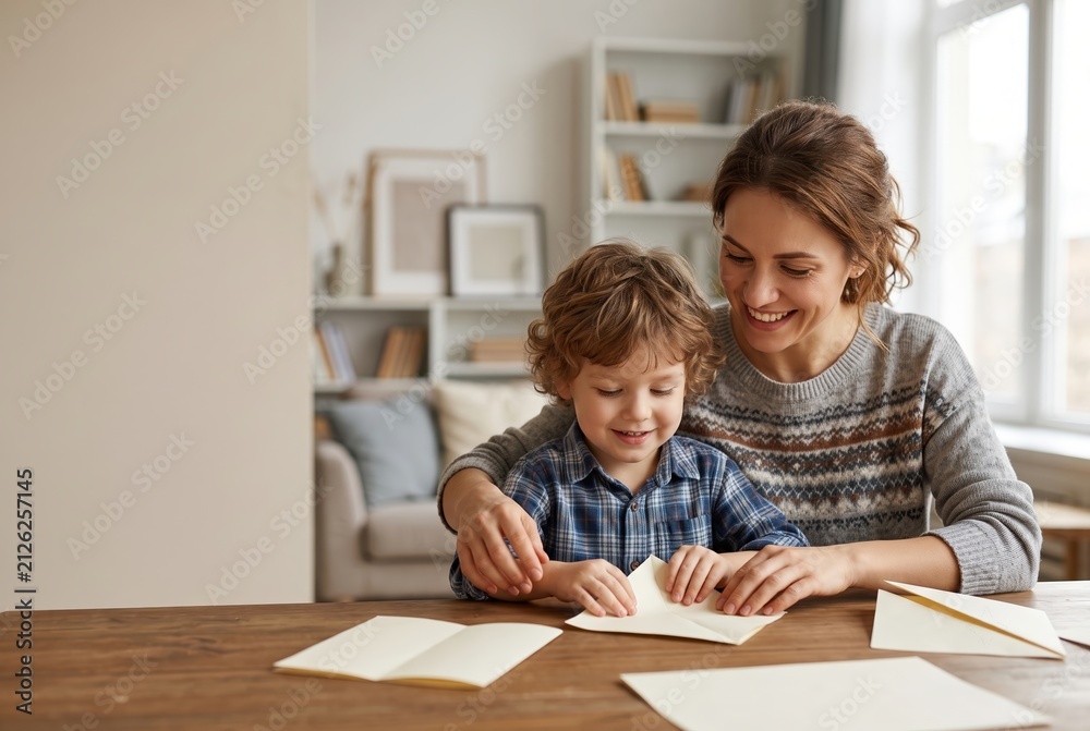 Fototapeta premium Mother helping young son with paper craft at home