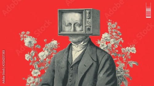 Portrait of a vintage figure with a television head surrounded by vibrant flowers