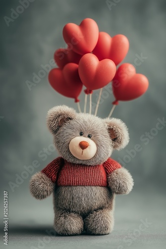 Cute teddy bear with heart-shaped balloons celebrates love and joy in a whimsical setting