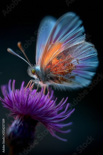 Butterfly gracefully rests on a vibrant purple flower in a serene garden setting