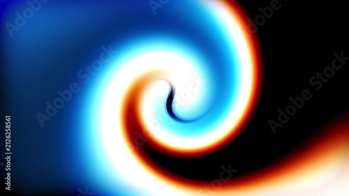 Abstract dark background with glowing blue and orange spiral vortex swirl motion. Vibrant dynamic thermal neon fluid light wave layout for technology energy motion concept video
