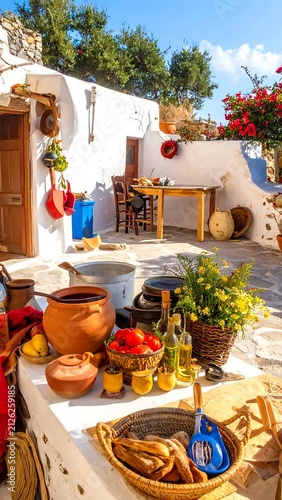 Charming Mediterranean Courtyard with Fresh Produce and Traditional Pottery.
