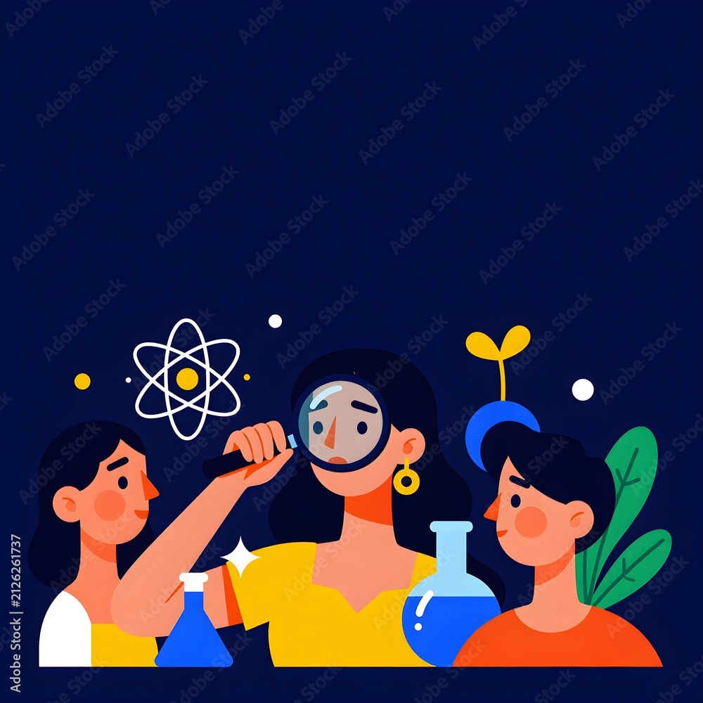Naklejka premium Three women exploring science with magnifying glass and beakers