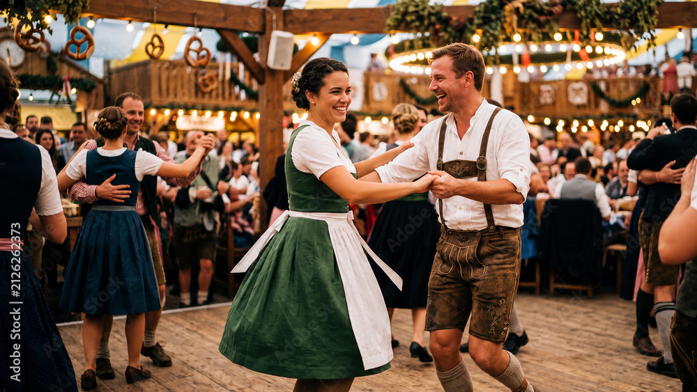 Obraz premium Happy couple dancing in traditional Bavarian clothing during Oktoberfest celebration inside festive beer hall