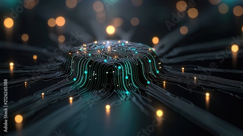 Illuminated digital pathways converge upon a central processing node in darkness
