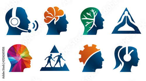 Clean icon set showing faceless coach athlete communication, goal setting, breathing, visualization, feedback, teamwork and recovery, bright white background, sports coaching,