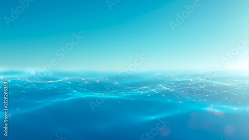 青いデジタルの波と光り輝くネットワークの結節点が広がる電子の海を表現した、未来的で抽象的な3Dレンダリングの背景パノラマデザイン