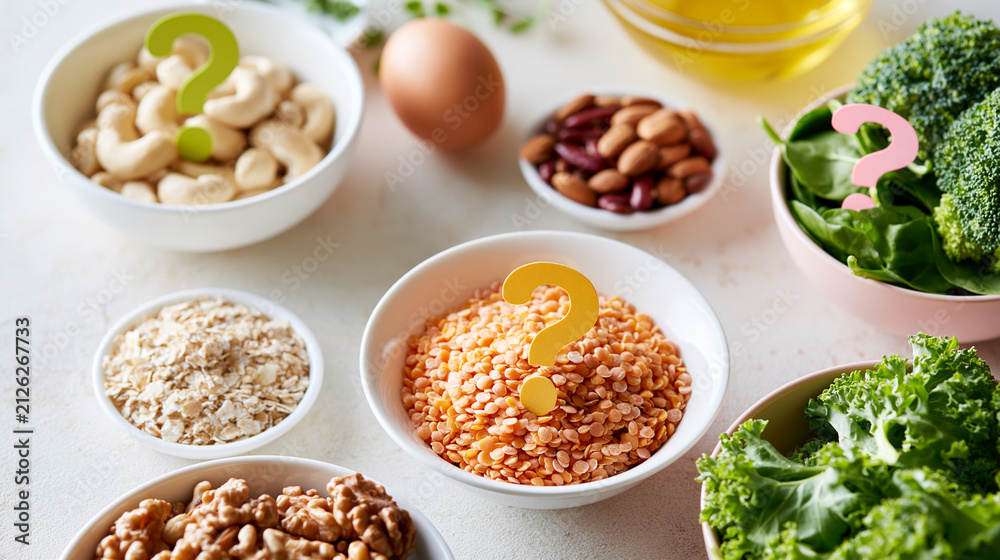 Fototapeta premium Bright top down still life of common protein foods and allergen aware sports nutrition ingredients arranged in separate clean bowls, neutral labels replaced by simple color