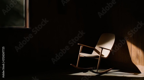Wooden rocking chair illuminated by a sharp beam of sunlight in a dark room