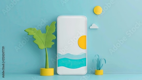 Minimalist three dimensional scene features a blank screen device with tropical and sky elements